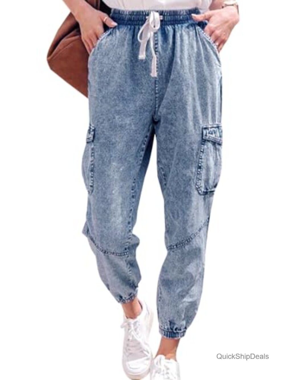 Denim Joggers for Women Drawstring Stretch Cargo Jeans High Rise Cuffed